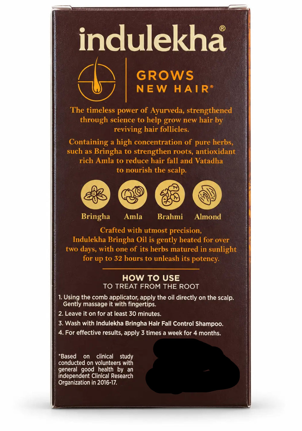 Indulekha Bringha Hair Oil box showing scalp application directions