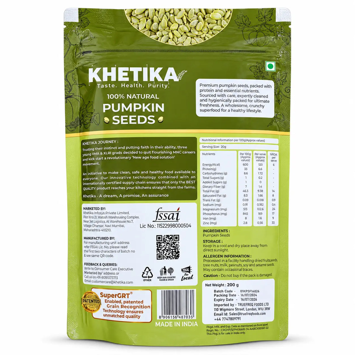 Khetika Pumpkin Seeds 200g pack back