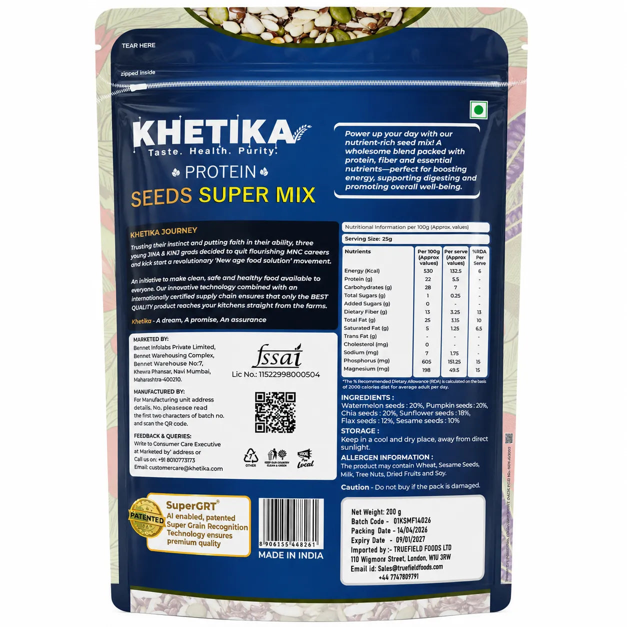 Back view of a Khetika Seeds Super Mix protein powder pouch, featuring a dark blue label with white and yellow text, nutritional facts, ingredients, and a barcode.