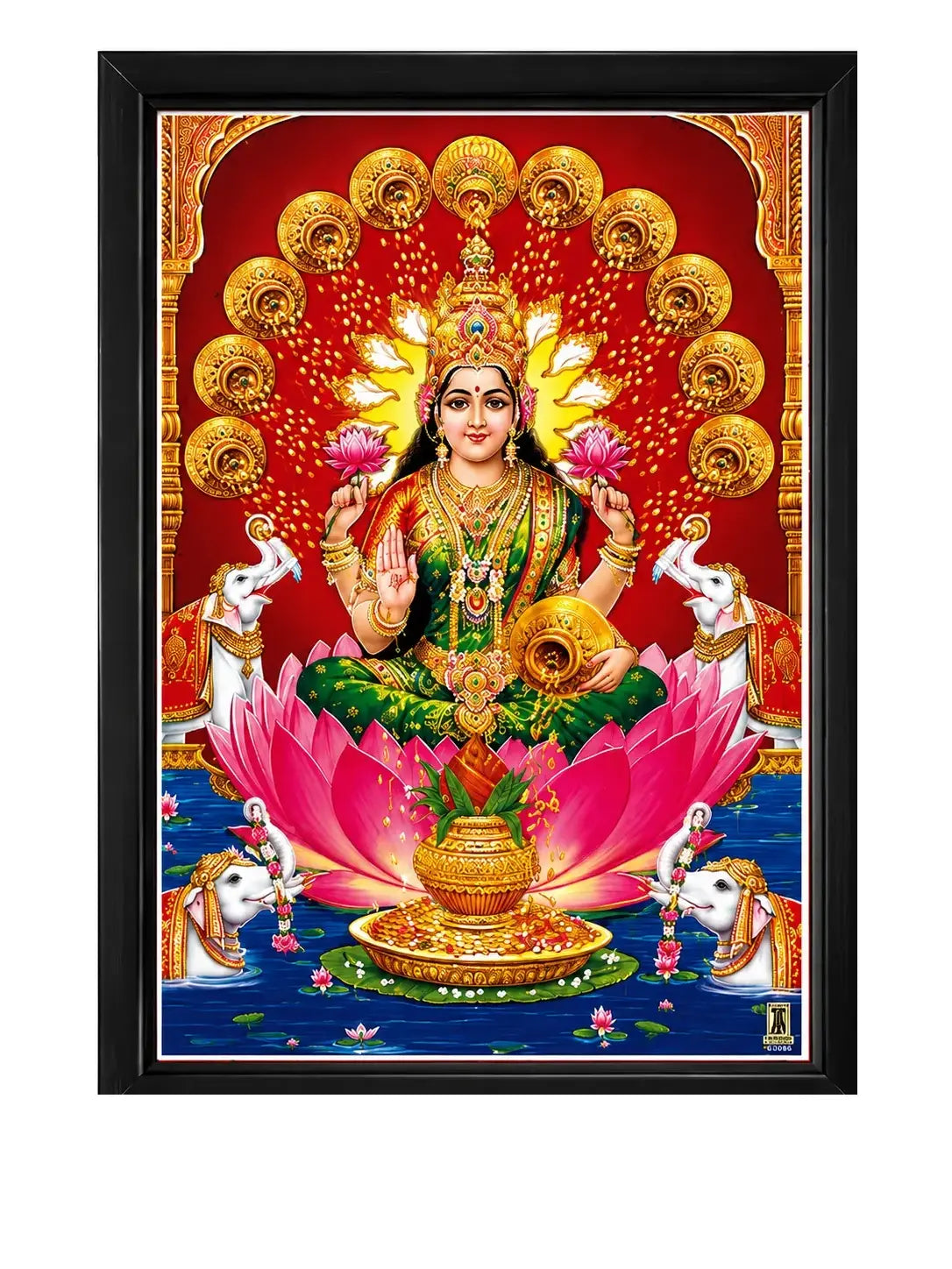 Lakshmi Devi framed picture with lotus, elephants and decorative black frame