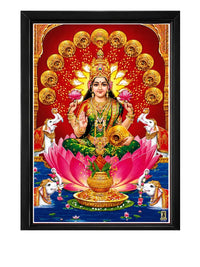 Lakshmi Devi framed picture with lotus, elephants and decorative black frame