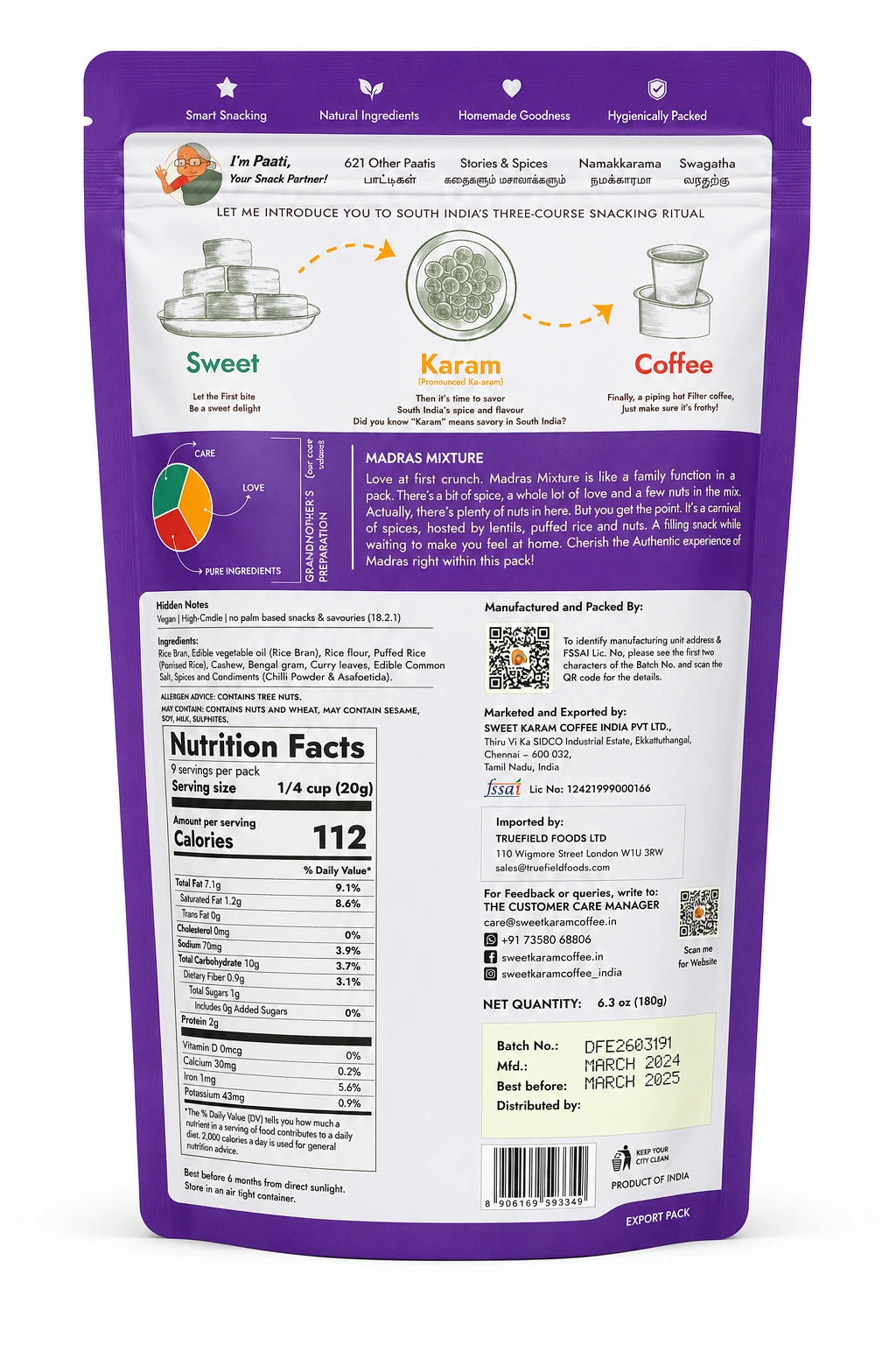 Madras Mixture 180g back pack showing ingredients nutrition facts and product details available online in the UK from Dhaara Foods