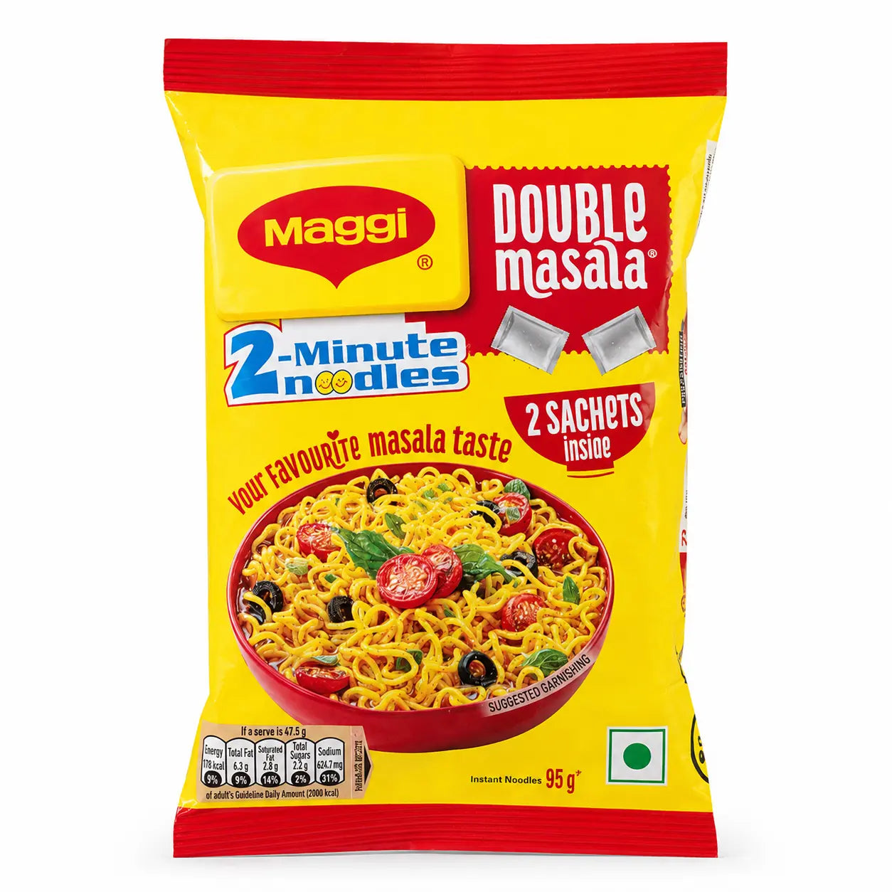 Maggi Double Masala 2-Minute Noodles 95g with two masala sachets