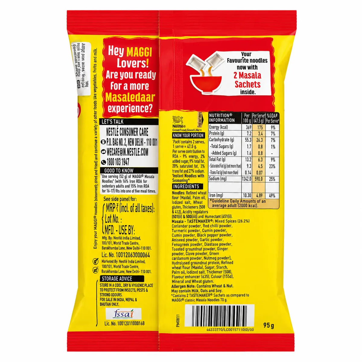 Maggi Double Masala Noodles 95g ingredients allergens and nutrition label
