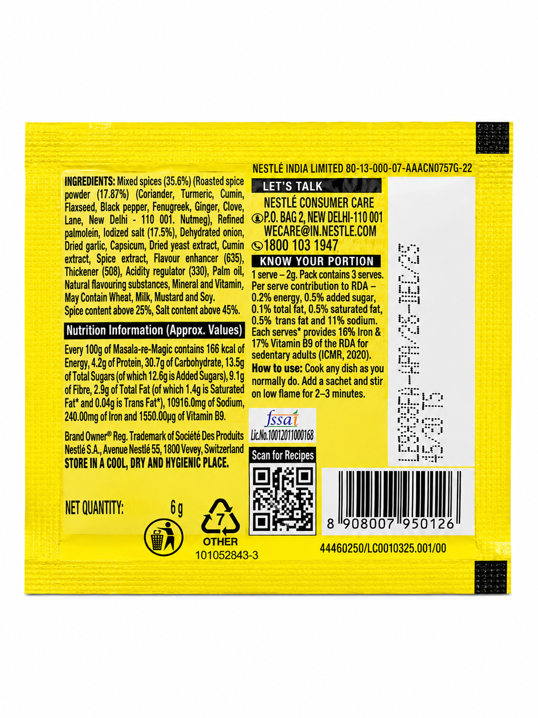 Back of Maggi Masala-e-Magic 6g sachet showing ingredients nutrition and allergen information