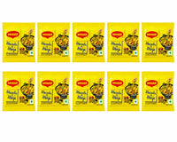Ten yellow packets of Maggi Masala Moja spice mix arranged in two rows of five on a plain white background.