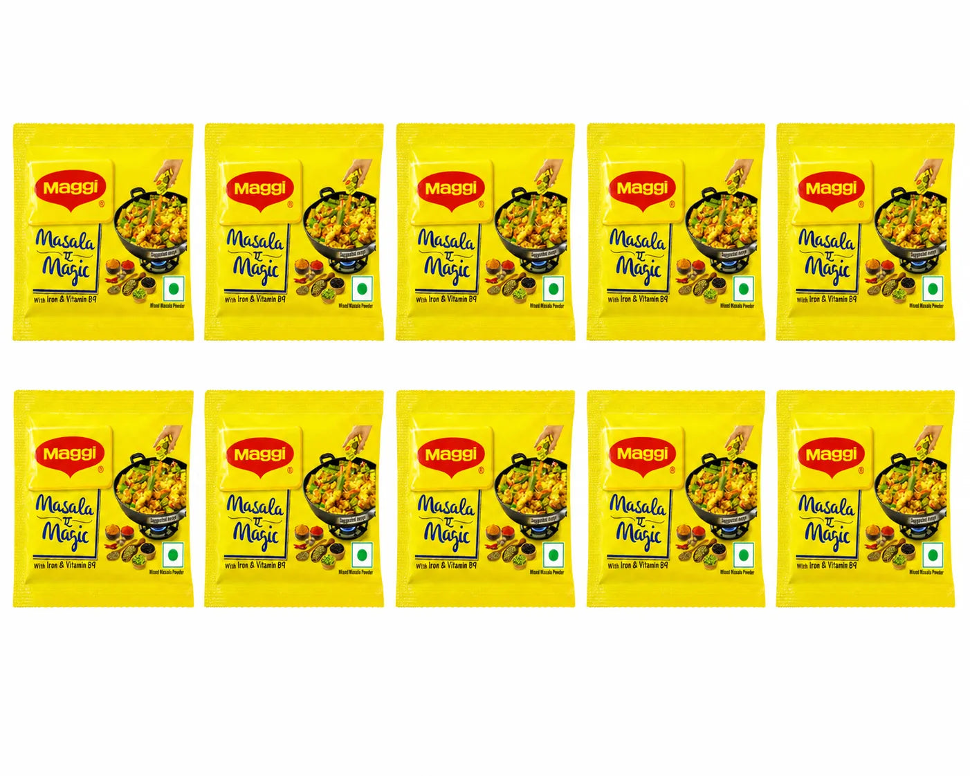 Ten yellow packets of Maggi Masala Moja spice mix arranged in two rows of five on a plain white background.