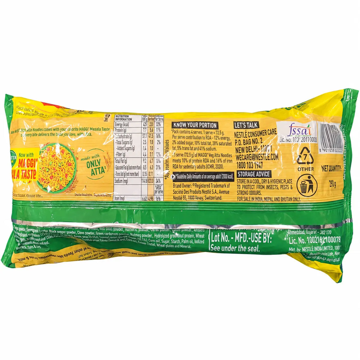 Back of Maggi Veg Atta Noodles 290g packet showing nutrition and product information