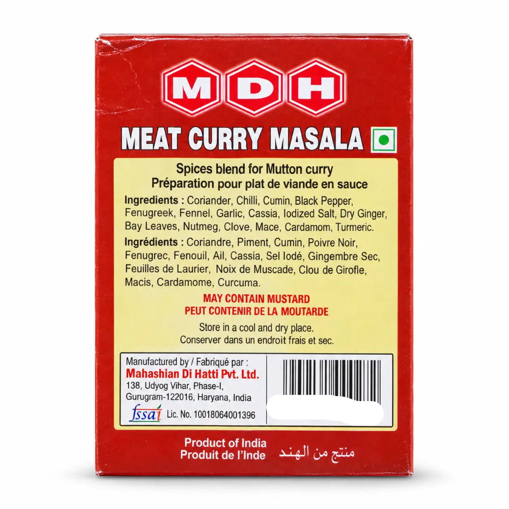 Back of MDH Meat Curry Masala 100g box showing ingredients and allergen advice