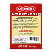 Back of MDH Meat Curry Masala 100g box showing ingredients and allergen advice