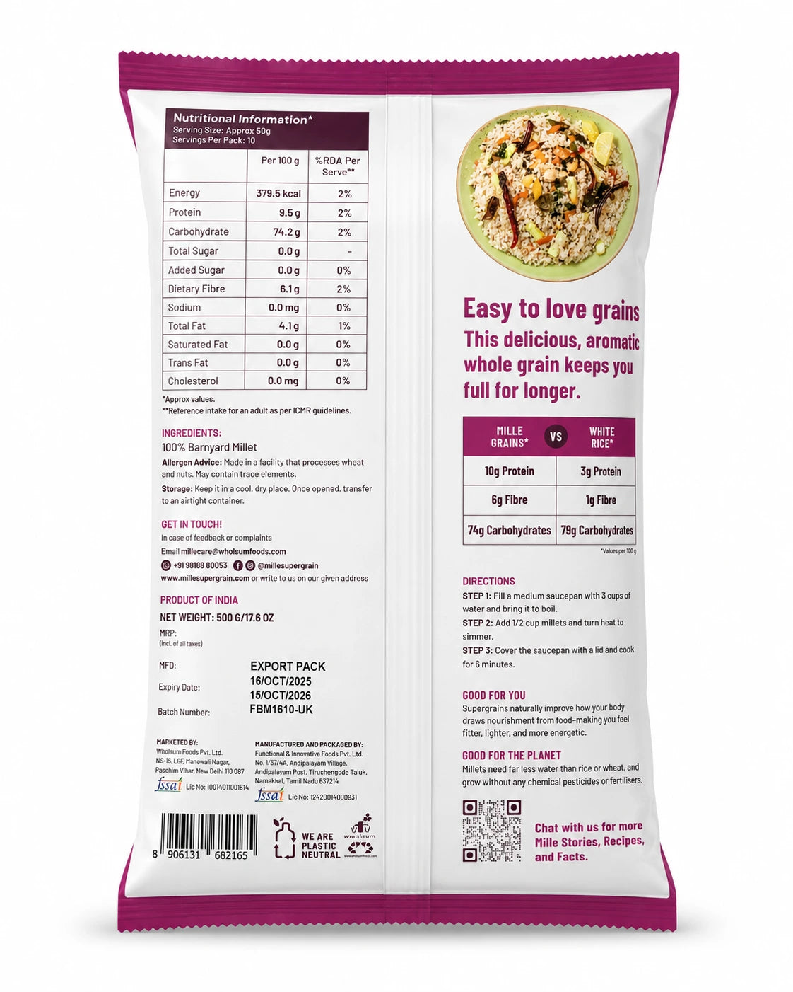 Mille Unpolished Barnyard Millet 500g back pack with nutrition information and cooking instructions
