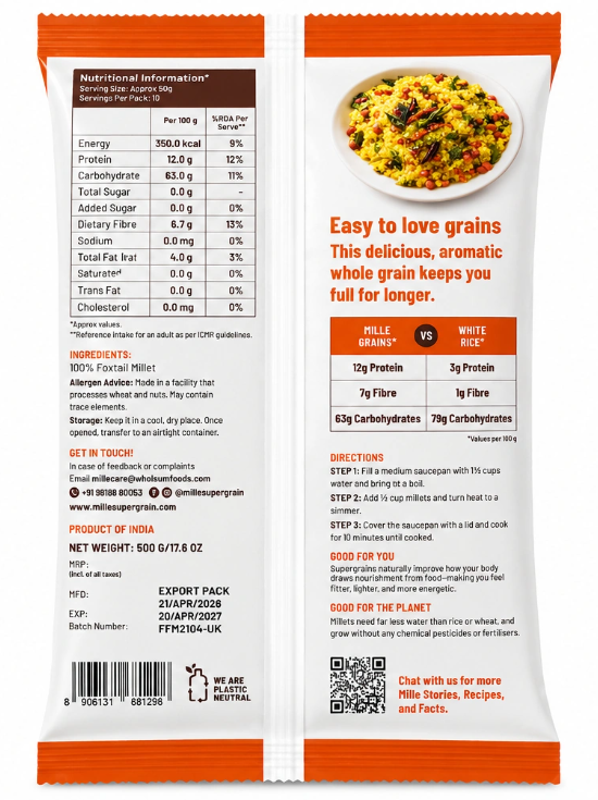 Mille Unpolished Foxtail Millet 500g back pack with nutrition information and cooking instructions