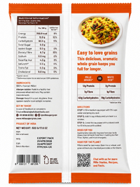 Mille Unpolished Foxtail Millet 500g back pack with nutrition information and cooking instructions