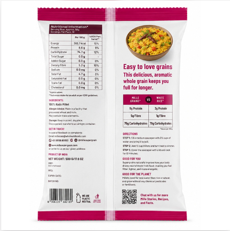 Mille Unpolished Kodo Millet 500g back pack with nutrition information and cooking instructions