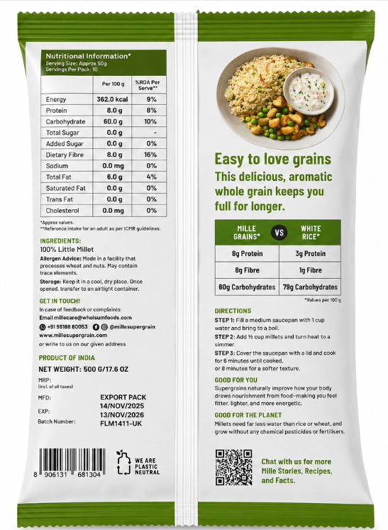Mille Unpolished Little Millet 500g back pack with nutrition information and cooking instructions
