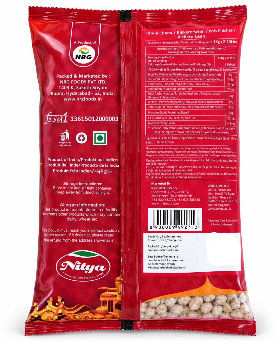 Nitya Kabuli Chana 1kg pack – nutrition and product information back