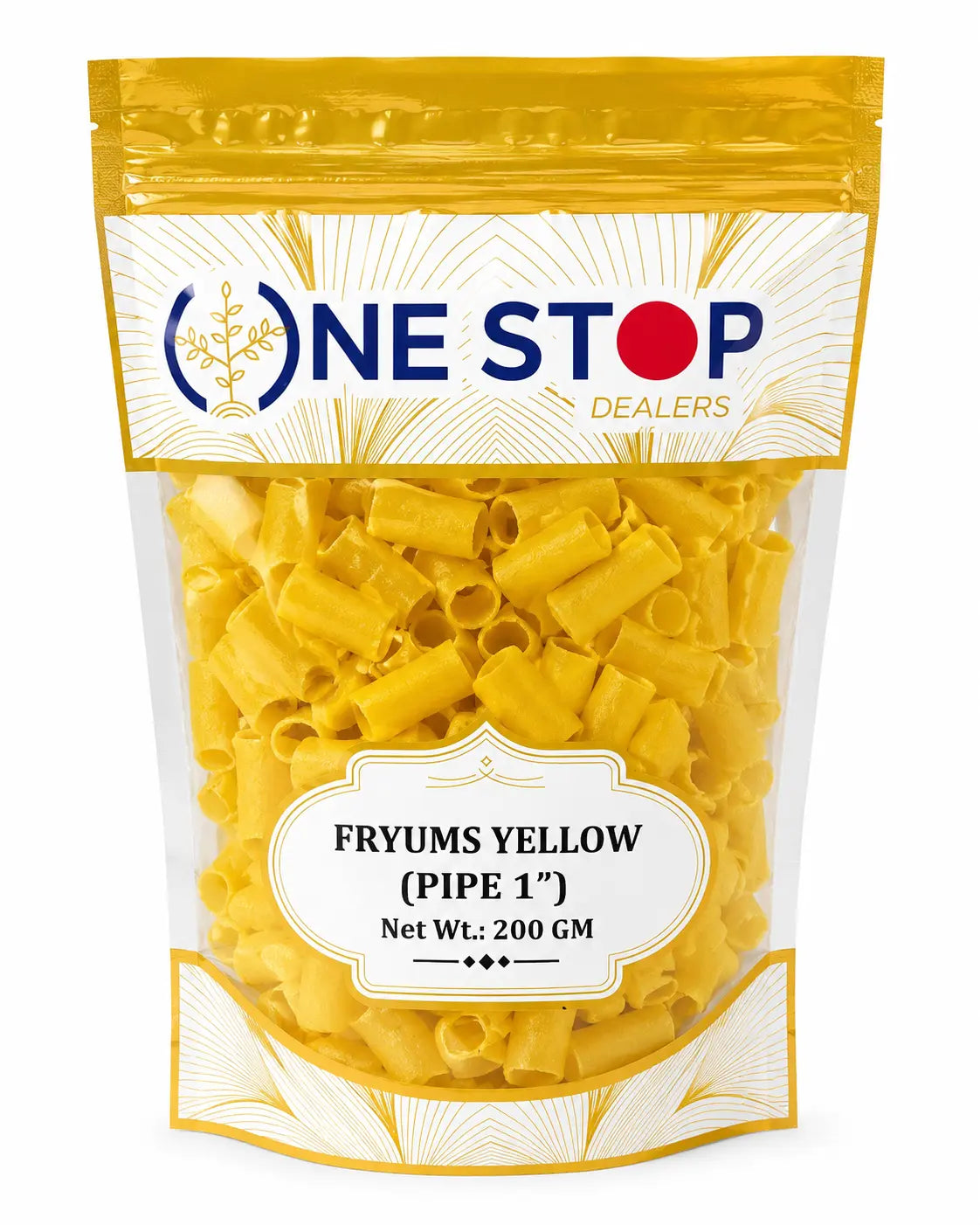 One Stop Dealers Yellow Pipe Fryums 200g packet of uncooked pipe-shaped snack pellets