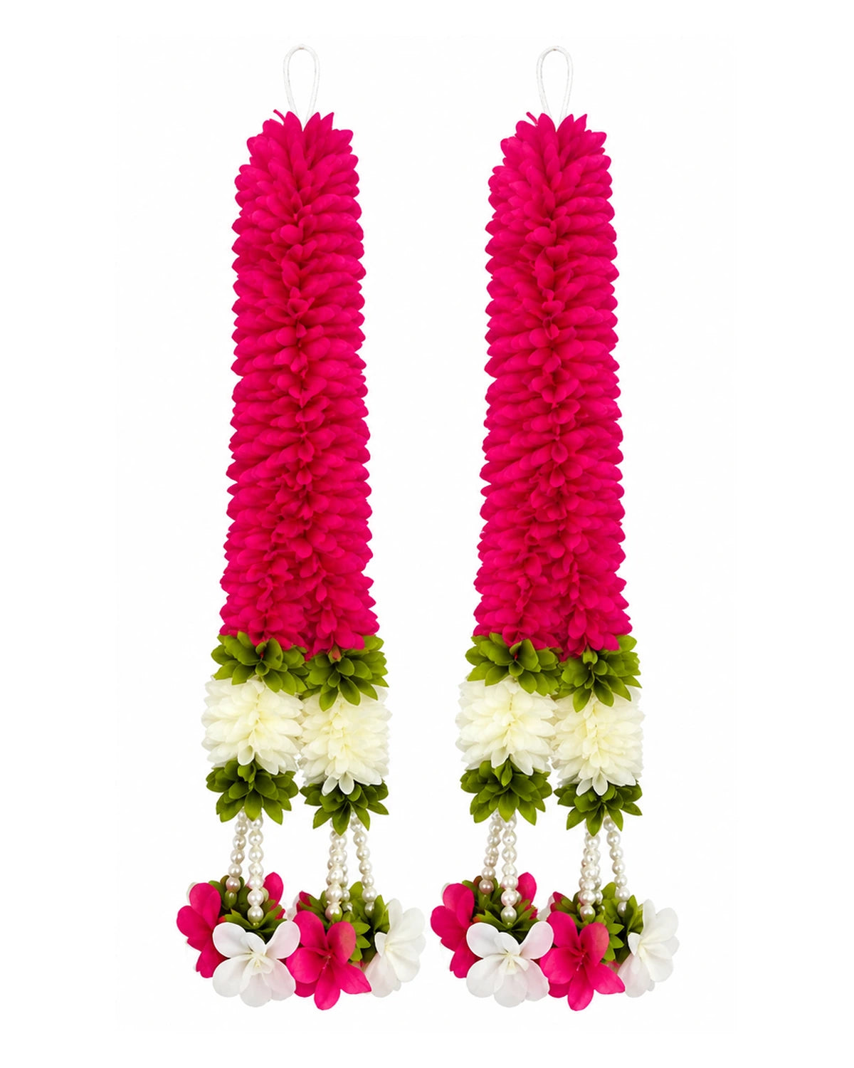 Pack of two artificial flower garlands with pink and white flowers and pearl tassels measuring 45 cm.