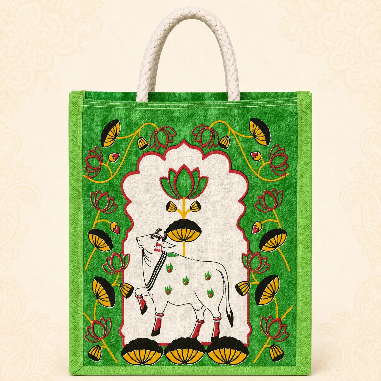 Green printed jute return gift bag with cow and lotus design and rope handles