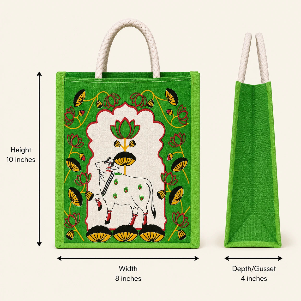 printed jute return gift bag with rope handles showing 10 inch height, 8 inch width and 4 inch depth gusset