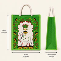printed jute return gift bag with rope handles showing 10 inch height, 8 inch width and 4 inch depth gusset