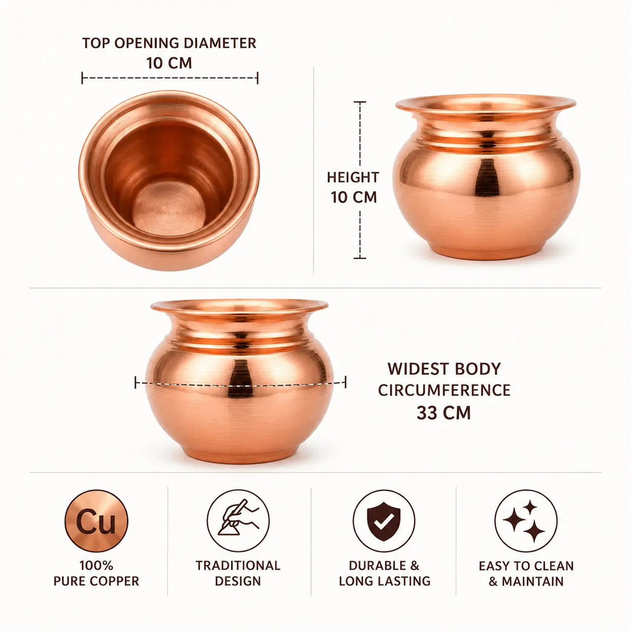 Pure copper kalash dimensions showing 10 cm opening, 10 cm height and 33 cm body circumference