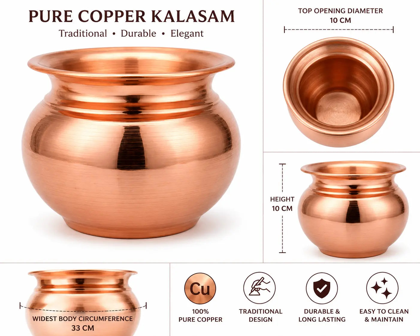 Pure copper kalash pot with a traditional rounded design, 10 cm height and 10 cm top opening