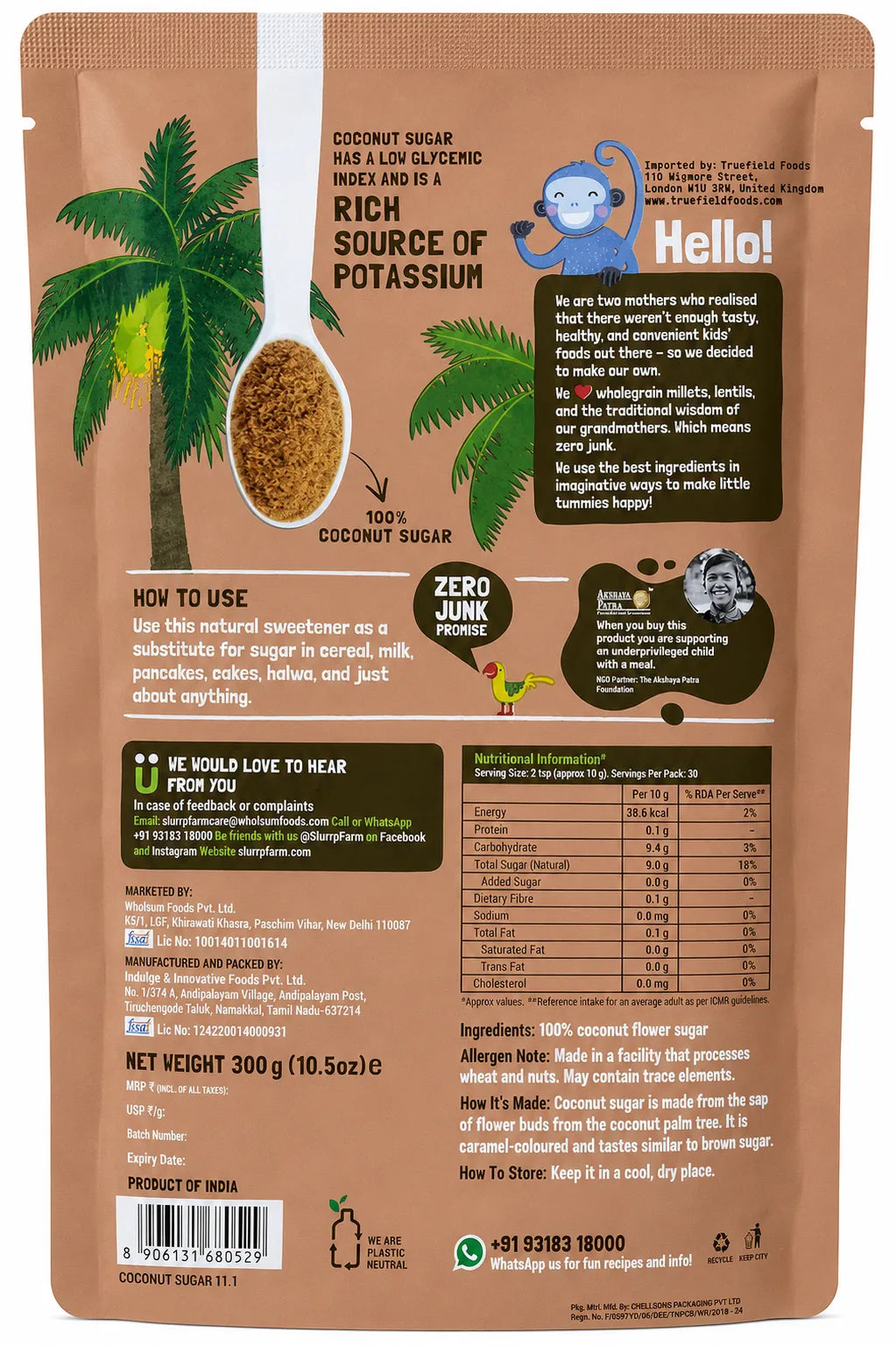 Back of a coconut sugar pouch showing product information, ingredients, usage instructions, and a barcode on a brown background with palm tree graphics.