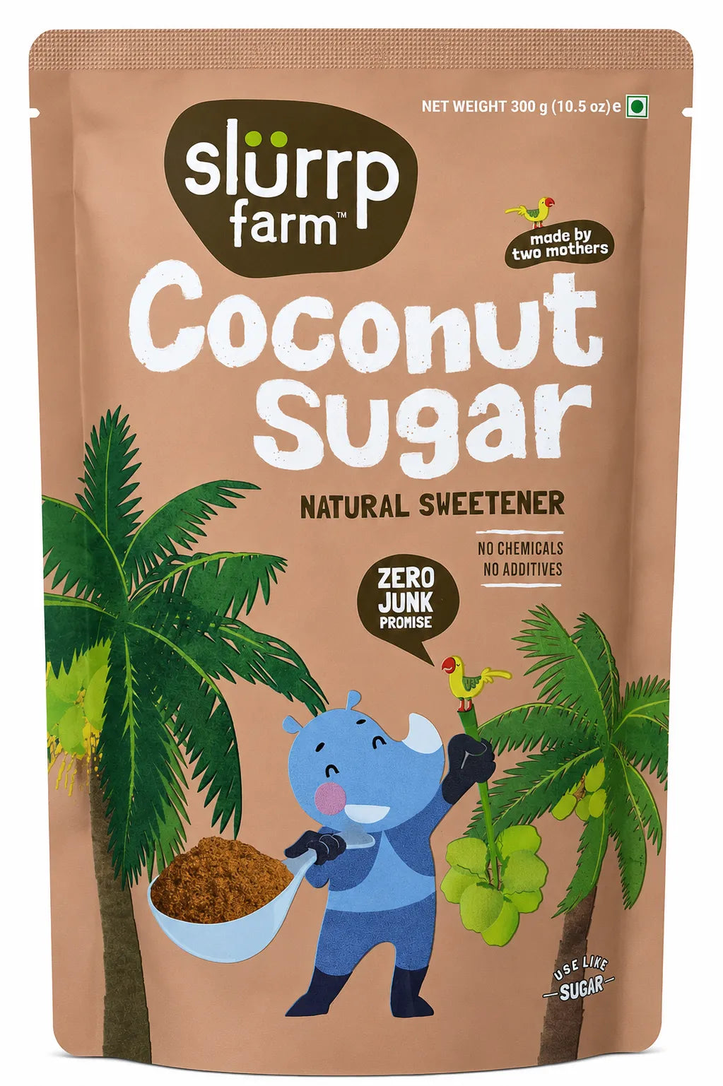 A stand-up pouch of Slurrp Farm Coconut Sugar Natural Sweetener on a plain white background. The packaging is tan with a dark brown brand logo, large white product name text, and cartoon illustrations of palm trees, green coconuts, and a blue hippo holding a bowl of brown sugar.