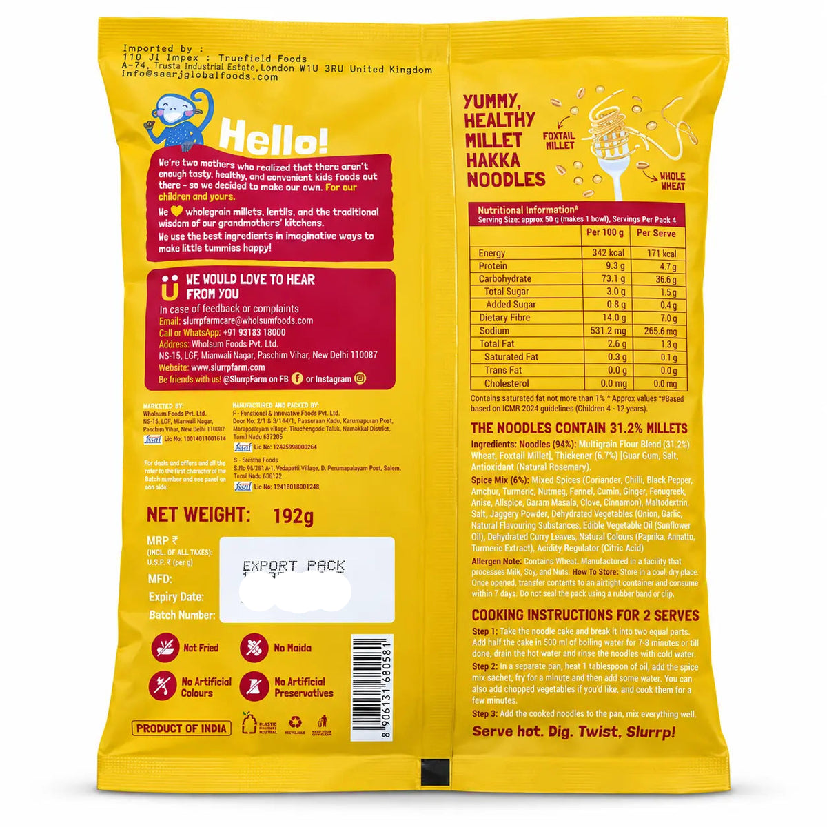 Back of Slurrp Farm Millet Hakka Noodles Classic Masala 192g pack