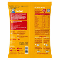 Back packaging panel of Big Twist. Slurpi! veggie pasta, showing product information, nutrition facts, ingredients, and cooking instructions on a bright yellow-orange background.