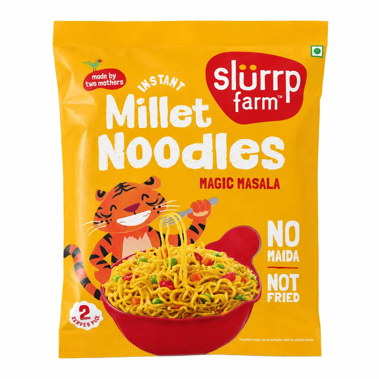 A package of Slurrp Farm Instant Millet Noodles in Magic Masala flavor. The packaging is bright yellow with a red logo, featuring a cartoon tiger and an illustration of yellow noodles in a red bowl.