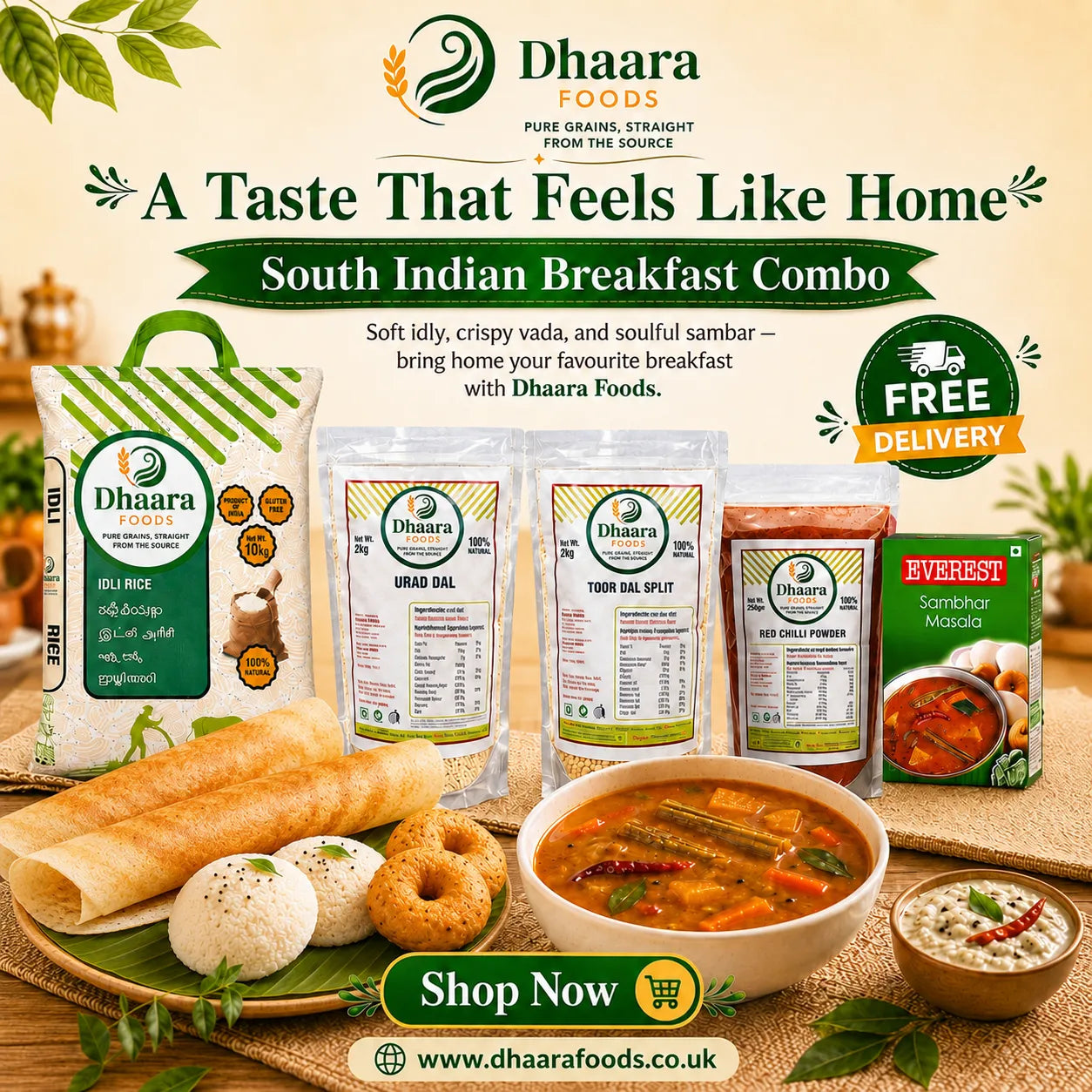 Dhaara Foods South Indian breakfast combo with idli rice, urad dal, toor dal, chilli powder and sambar masala for making dosa, idli, vada and sambar.