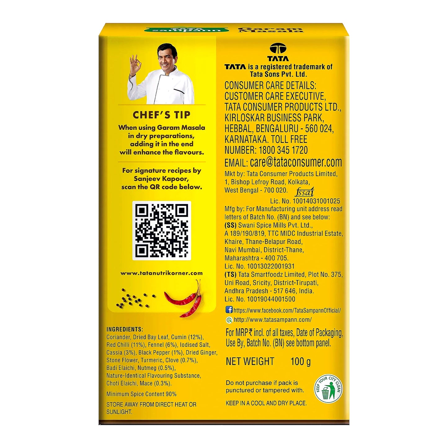 Tata Sampann Garam Masala 100g back label with ingredients net weight and product information