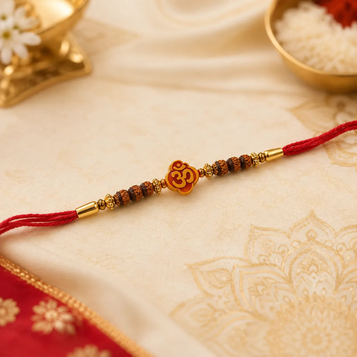 A red string Rakhi bracelet with a gold Om charm, brown seed beads, and gold spacer beads, laid on a beige patterned fabric with decorative props.