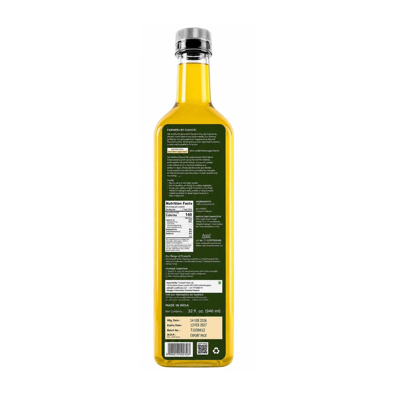 Two Brothers groundnut oil 946ml bottle showing ingredients nutrition and allergen information