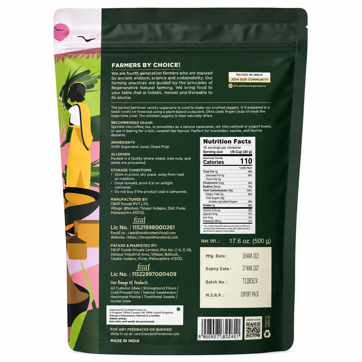 Back view of a 17.6 oz stand-up pouch of Palakku Organic Soaps Soapy Palm Oil Handmade Soap, featuring product information, a nutrition facts label, and colorful illustrations on a dark green background.