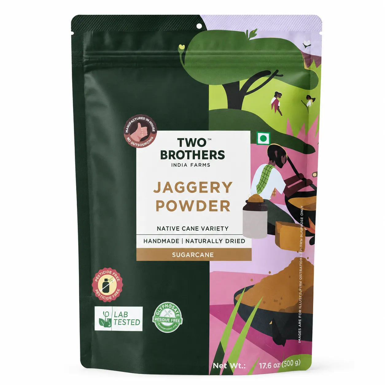 A stand-up pouch of Two Brothers India Farms Jaggery Powder, Native Cane Variety, 17.6 oz (500 g).