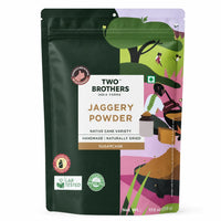 A stand-up pouch of Two Brothers India Farms Jaggery Powder, Native Cane Variety, 17.6 oz (500 g).