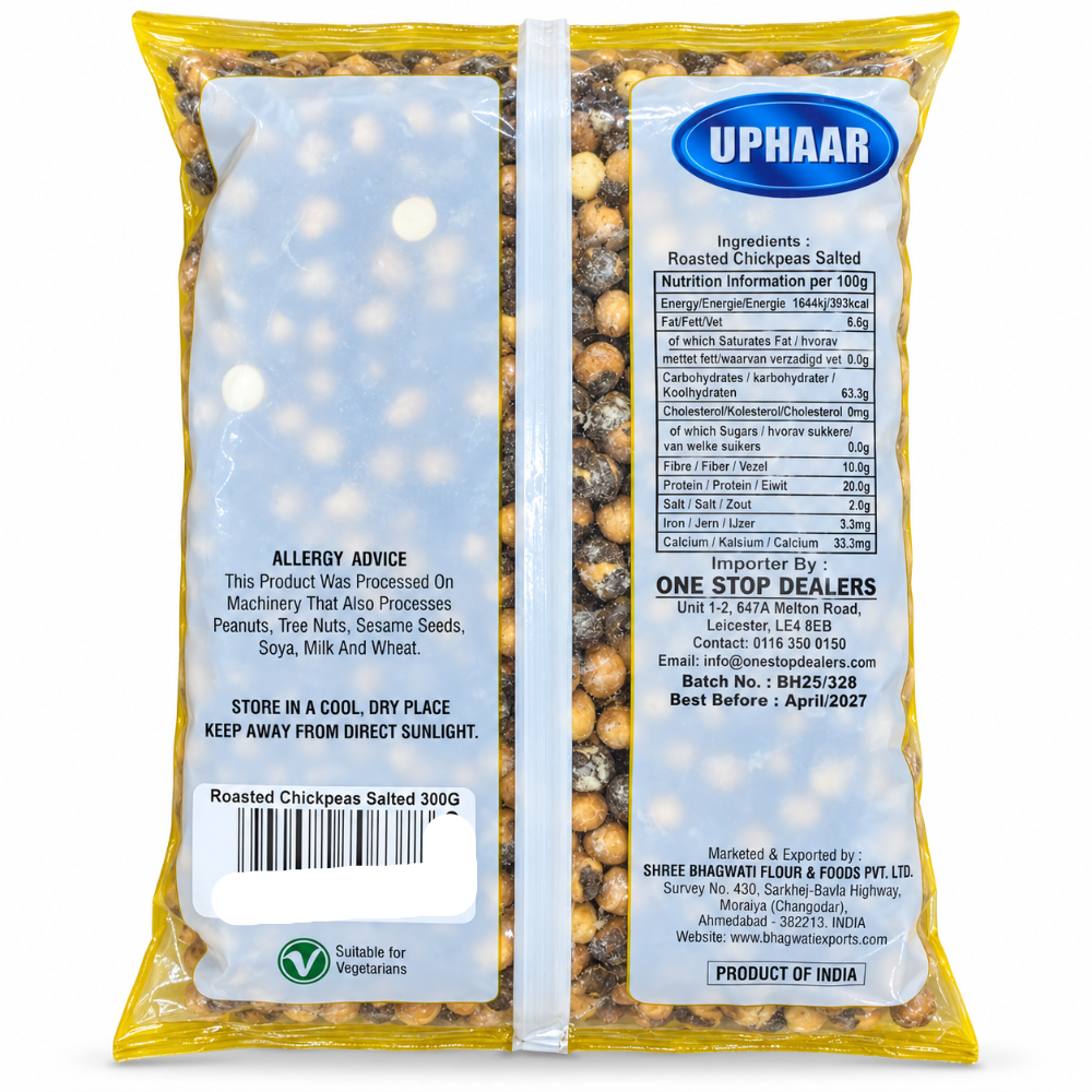 Uphaar salted roasted chana 300g allergen and product label