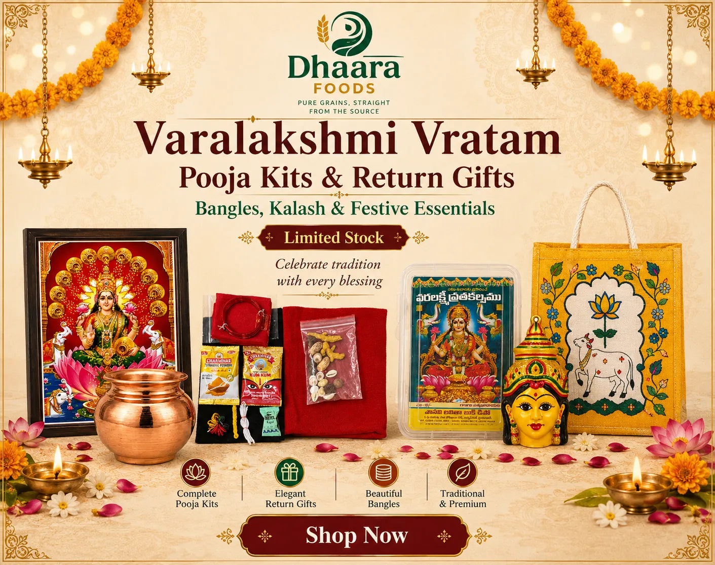 Promotional banner for Dhaara Foods Varalakshmi Vratam Pooja Kits and Return Gifts, featuring a variety of religious items including a framed picture, copper pot, red envelopes, and a yellow shopping bag on a decorated festive background with marigold garlands and oil lamps.