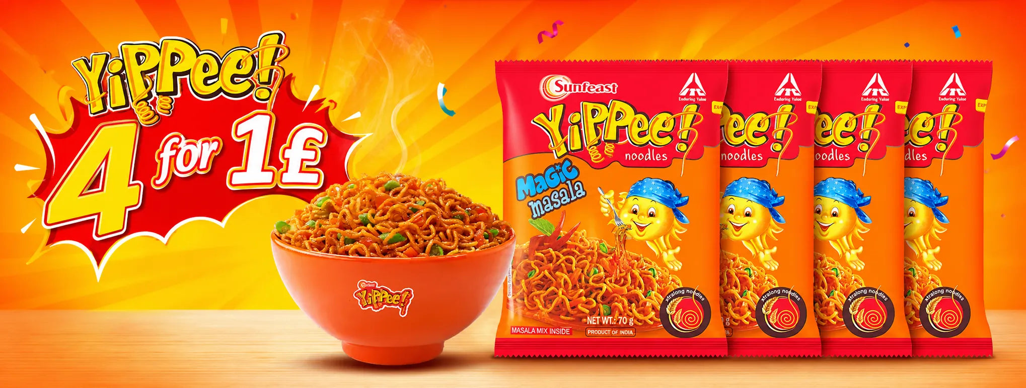 Sunfeast Yippee noodles 4 for £1 offer banner with four packets and bowl of cooked noodles UK grocery promotion